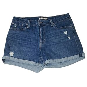 Levi's Mid Length Shorts Medium Wash Distressed Rolled Hem Relaxed Fit Size 32